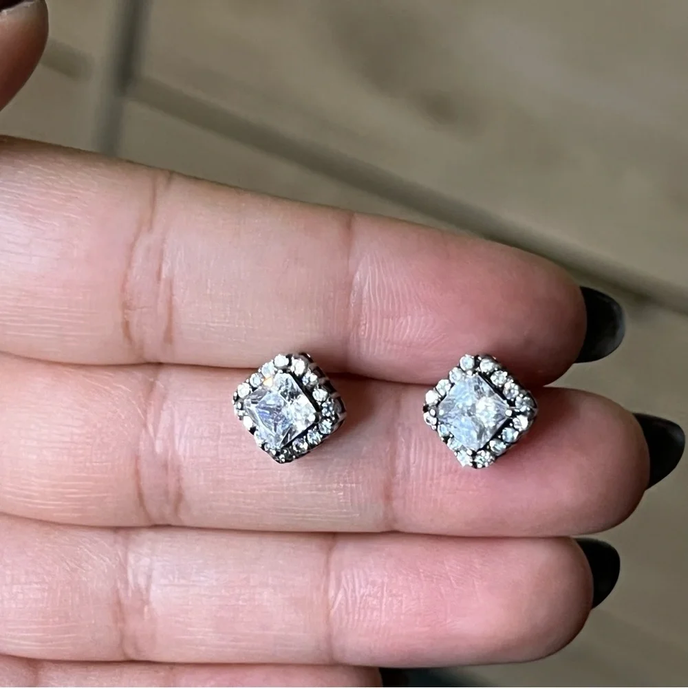 Princess Cut CZ Diamond Square Halo Studs Dainty Small Earrings Jewelry Accessor - Picture 8 of 16